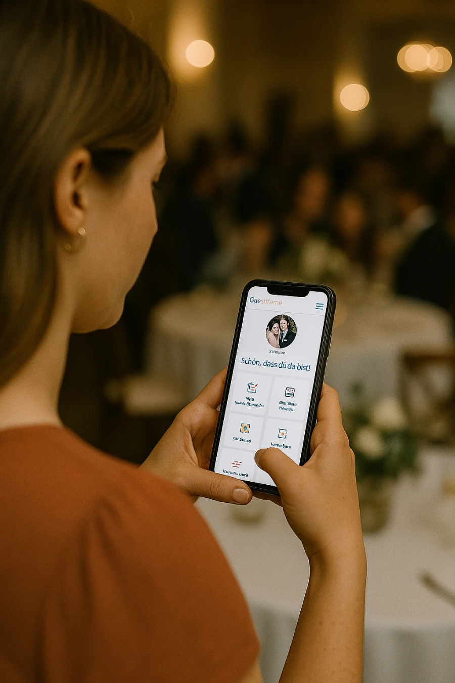 Guestframe-in-Aktion Kollegin schaut auf der Weihnachtsfeier am Tisch auf die Guestframe-App