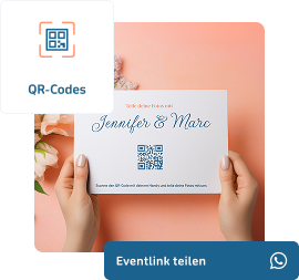 qr-code-flyer Guestframe-App auf dem iPhone mit dem QR-Code des Events und den Schaltflächen zum Herunterladen und Teilen