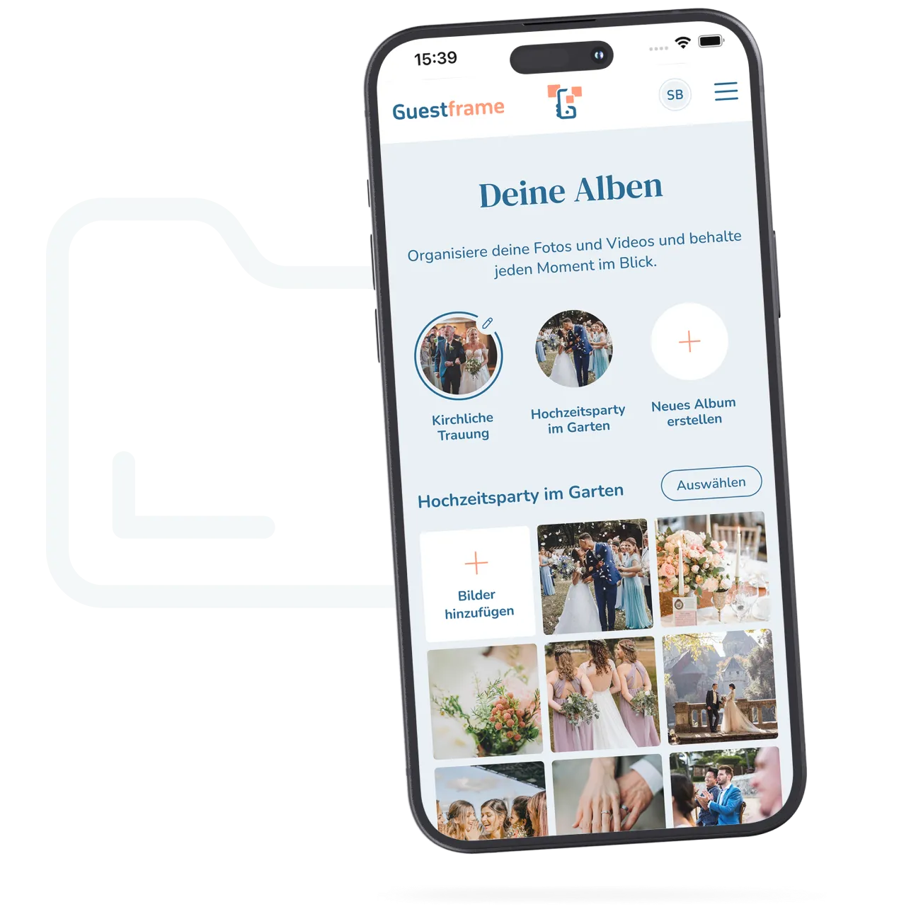 guestframe-funktionen-alben Ansicht „Deine Alben“ mit sortierten Eventfotos auf dem Smartphone