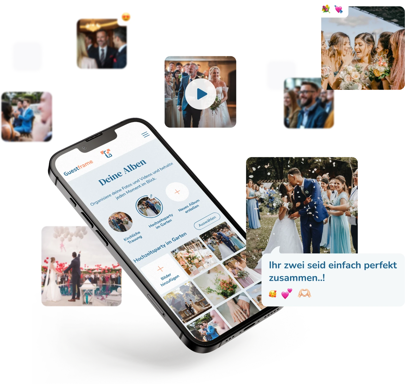 guestframe-galerie-home Gemeinsame Event-Galerie auf dem Smartphone, umgeben von Fotos und Videos der Gäste