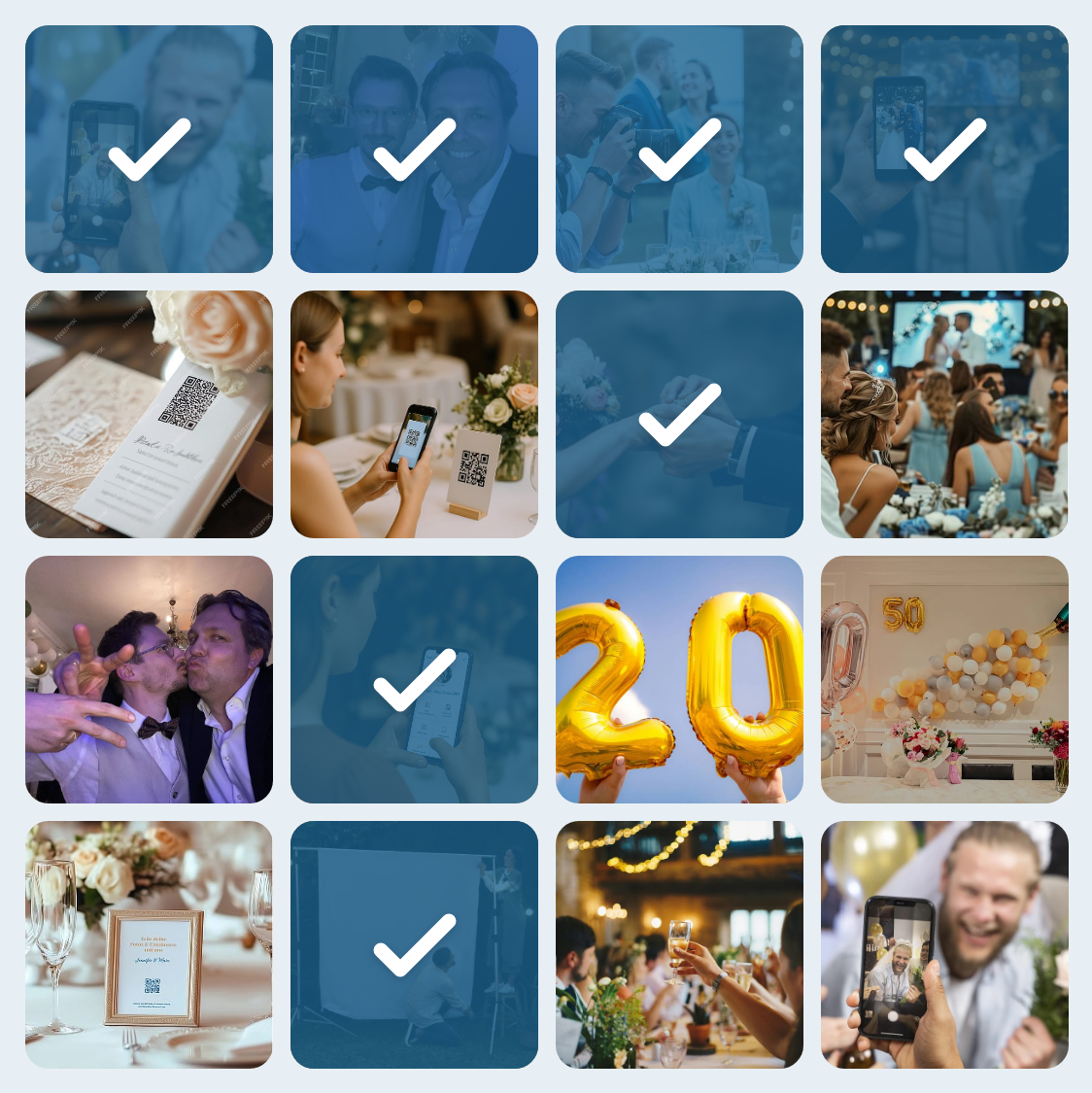 Foto-Bingo Karte Digitale Bingo-Karte mit 16 Fotos der Hochzeit, die obere Reihe ist markiert