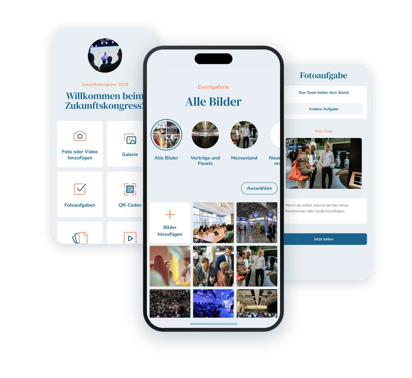 Jubiläum App-Mockup Guestframe-App zum Jubiläum: Galerie mit Alben, Dashboard und Fotoaufgabe auf drei Smartphone-Ansichten