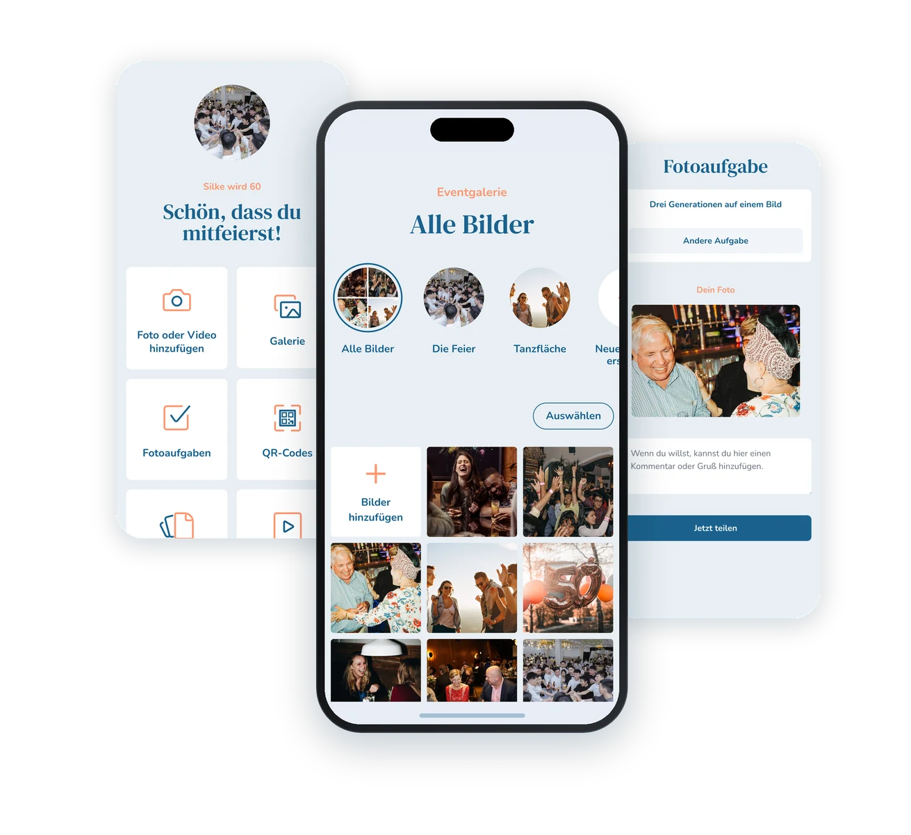 Jubiläum App-Mockup Guestframe-App zum Jubiläum: Galerie mit Alben, Dashboard und Fotoaufgabe auf drei Smartphone-Ansichten