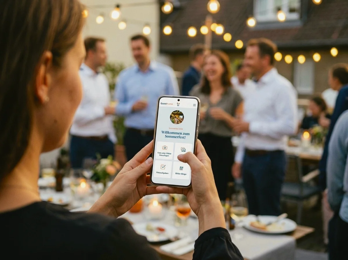 firmenfeier-sommerfest-app Gast hält auf einem Sommerfest das Smartphone mit der Guestframe-Eventseite